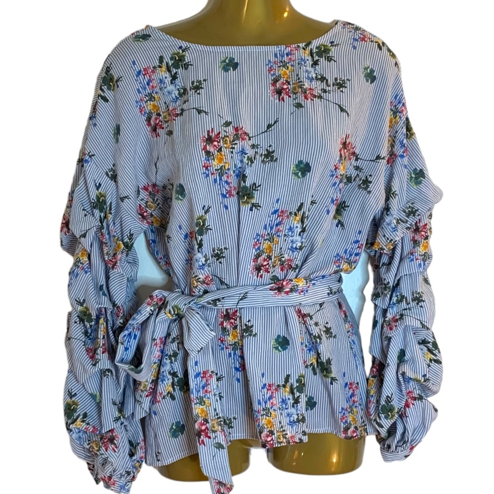 New floral ruffled long sleeve pinstripe top oversized Cottagecore prairie S